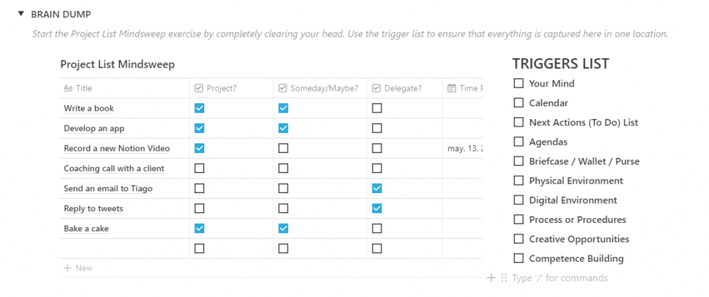 GTD Mind Sweep Brain Dump Projects