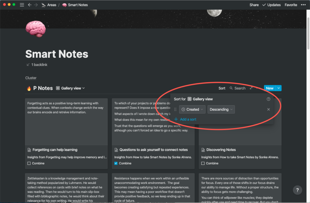Zettelkasten in Notion Sort